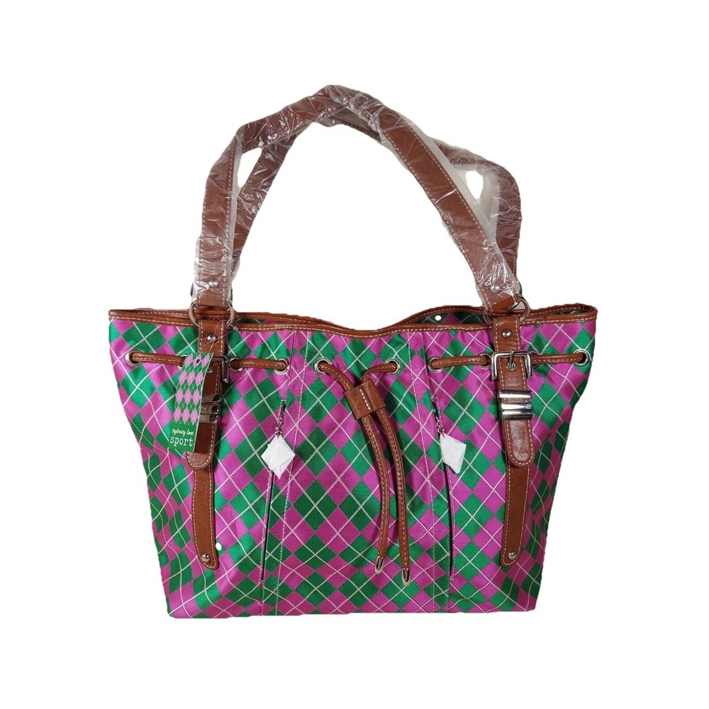 SYDNEY LOVE ARGYLE DRAWSTRING TOTE SHOULDER BAG PINK/GREEN ONE SIZE